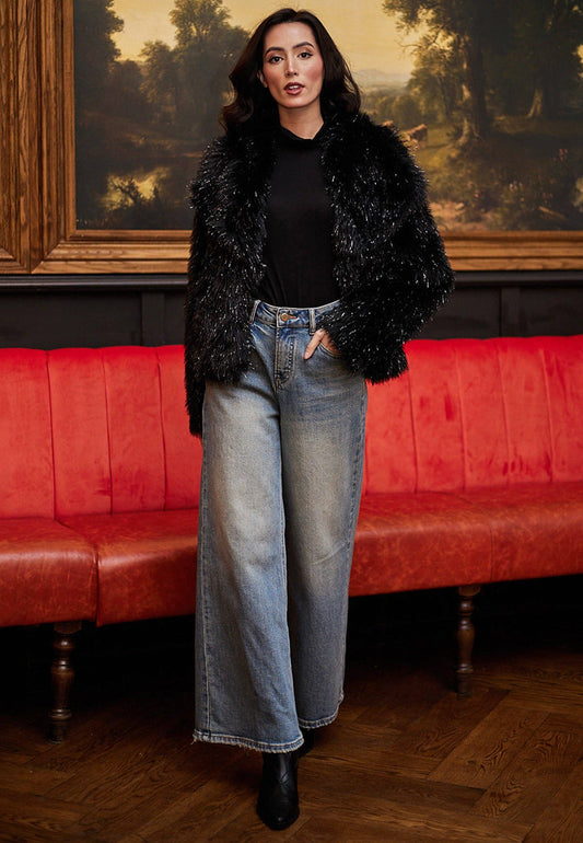 ANGELEYE - Faux Fur Glittery Short Coat In Black: M