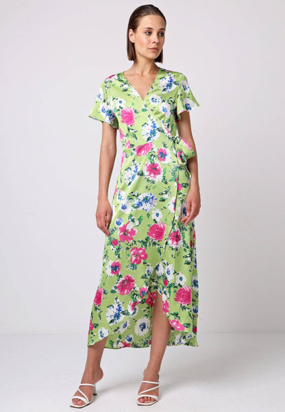 ANGELEYE - Angel Sleeve Tie Wrap Dress in Green Floral Print: L
