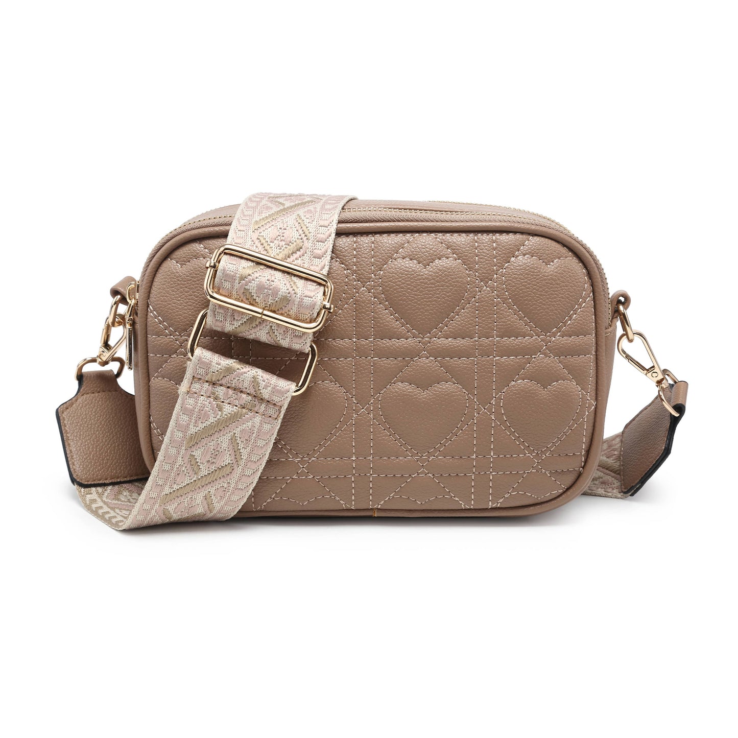 Quited Heart Pattern Double Sections Cross Body Bag: Beige