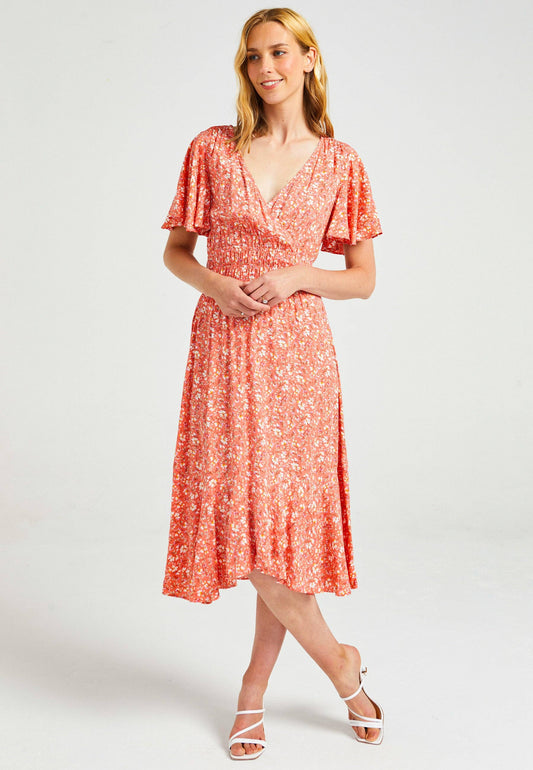 ANGELEYE - Flutter Sleeves Midi Dress With Elasticated Waist & Asymmetrical Hem: M