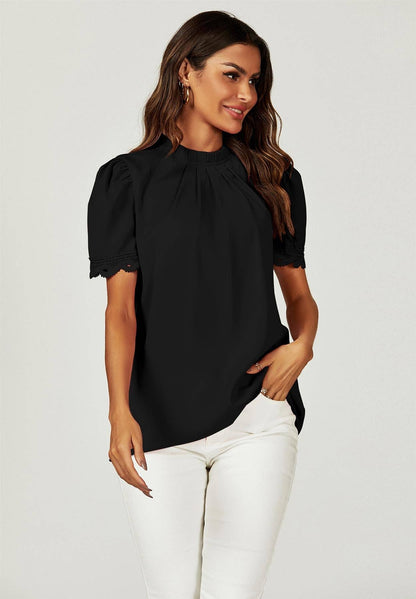 FS Collection - Lace Trim Detail Short Sleeve High Neck Blouse Top In Black: Black / S