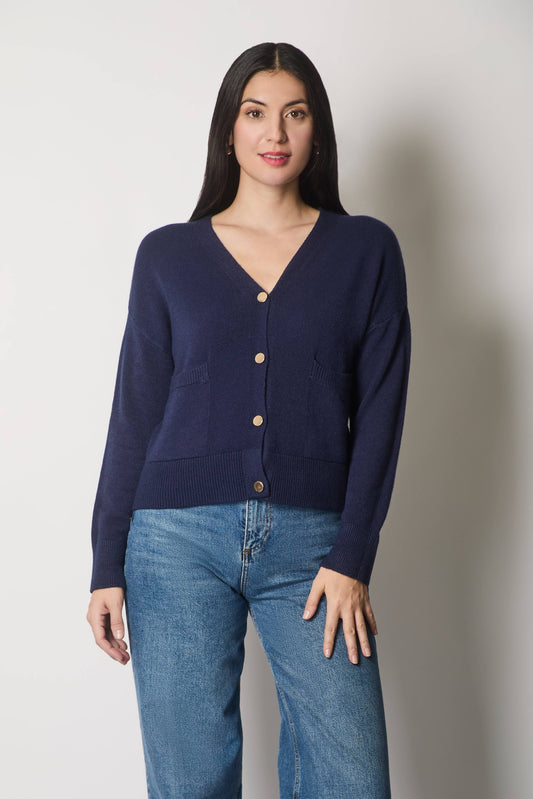 SOLO - V-Neck Buttoned Cardigan with Pockets - Navy: 8