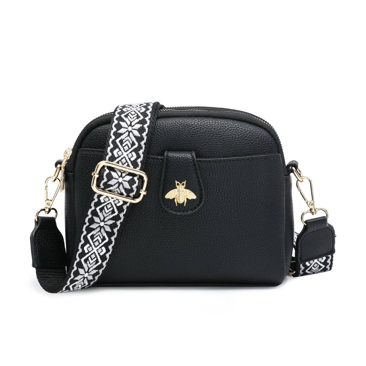 Cross Body Handbag with double zip top sections: Black