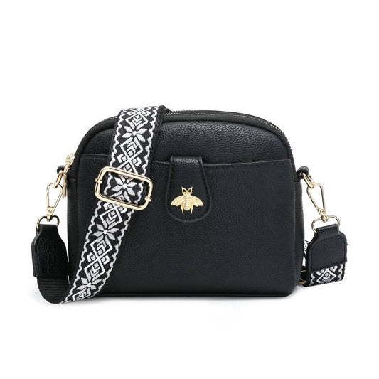 Cross Body Handbag with double zip top sections: Black