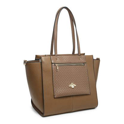 Bee Badge Zipped Pockets Top Zipped Tote Handbag: Brown