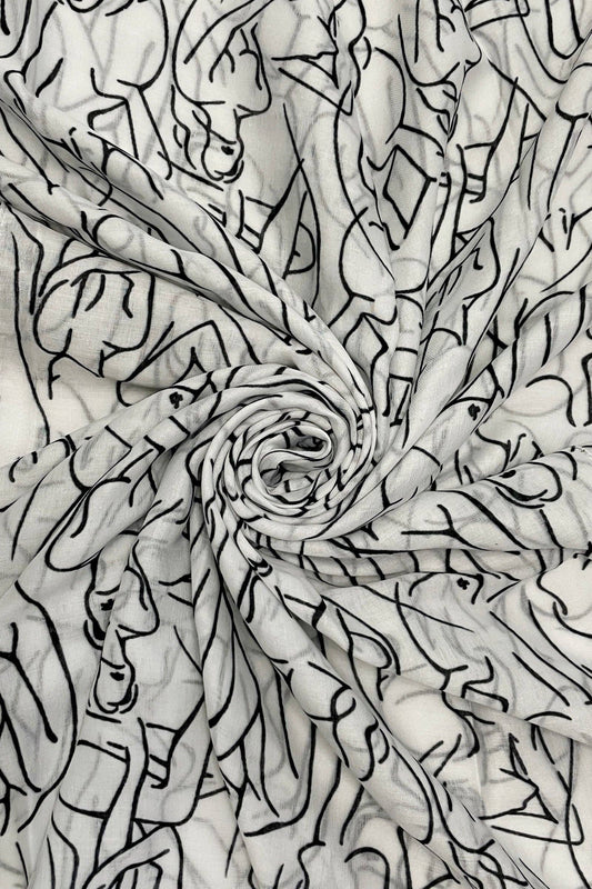 Fine Line Female Figure Art Print Frayed Scarf: White