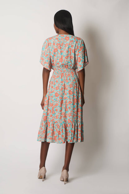 SOLO - Floral Print Midi Dress with Flutter Sleeves - Orange: 14