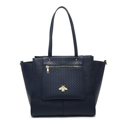 Bee Badge Zipped Pockets Top Zipped Tote Handbag: Brown