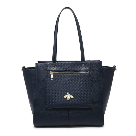Bee Badge large Zipped Pockets Top Zipped Tote Handbag: Blue