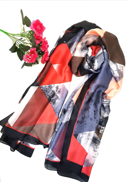 Superbia - Multicolor Silk Feel Long Scarf Shawl Wrap-180002: Black