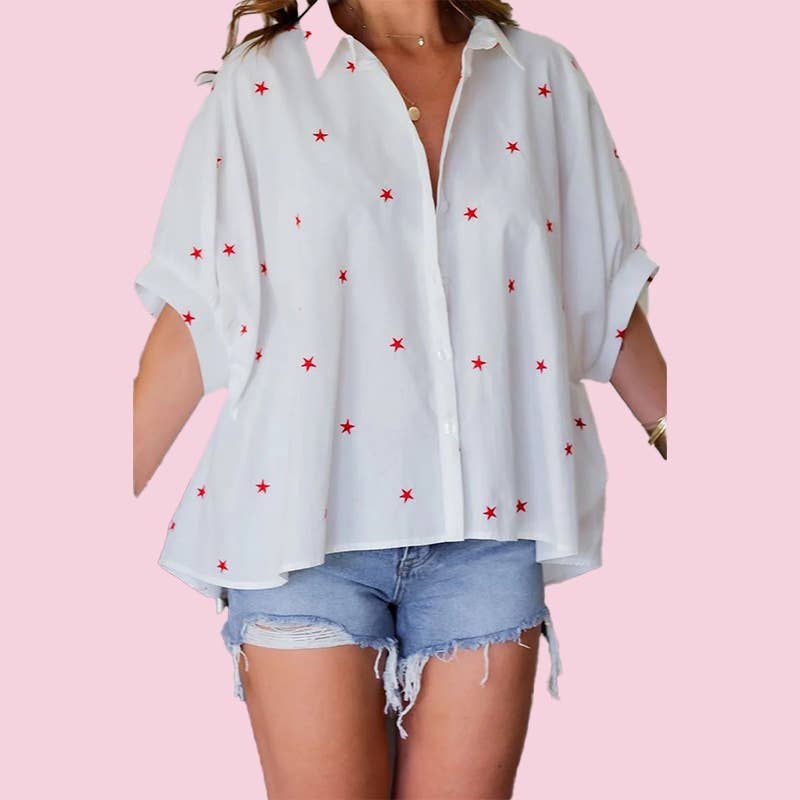 MUWATI - Little Stars Printed Loose Half Sleeve Loose Shirt: White / L