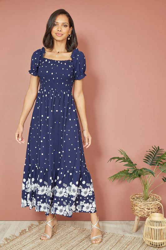 Yumi - Yumi Navy Spot And Floral Print Border Ruched Midi Dress: Navy / 14