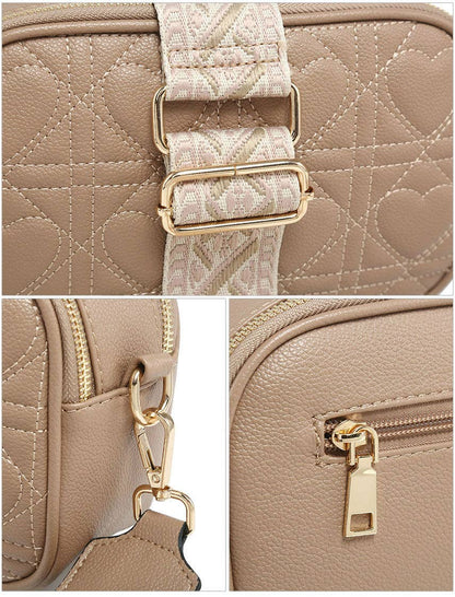 Quited Heart Pattern Double Sections Cross Body Bag: Beige