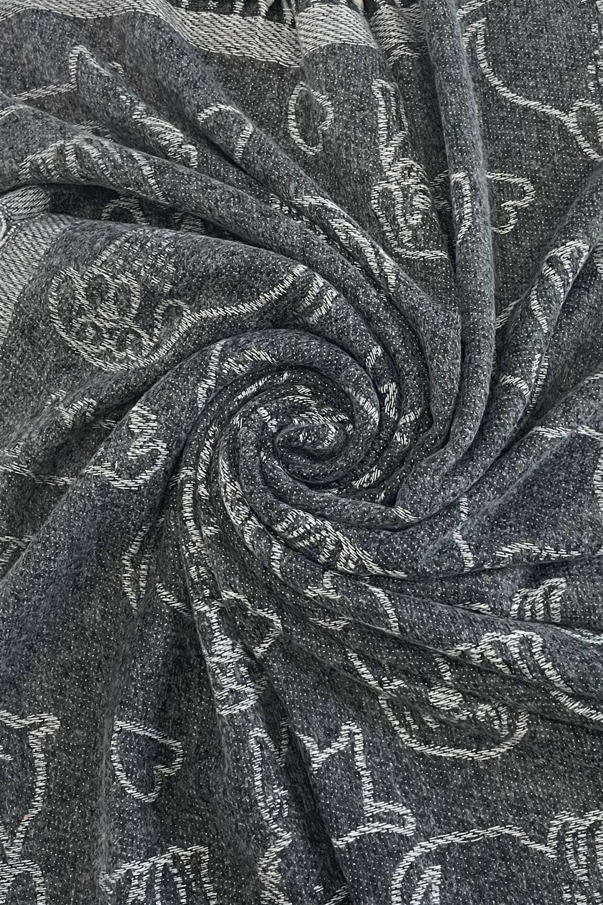 Fashion Scarf World - Cute Dog & Love Heart Reversible Print Tassel Scarf: Charcoal