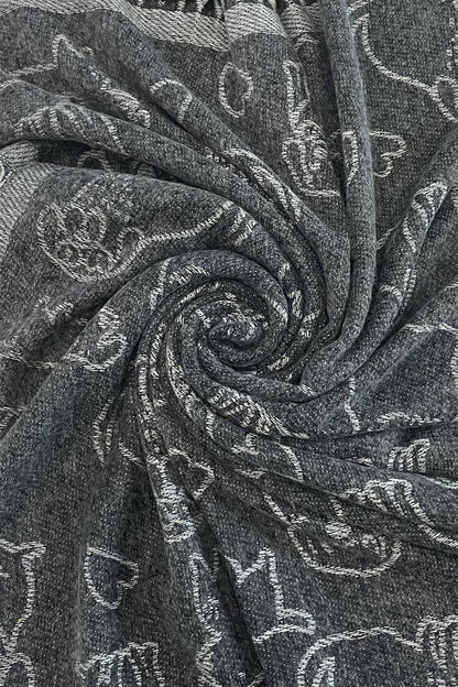 Fashion Scarf World - Cute Dog & Love Heart Reversible Print Tassel Scarf: Charcoal