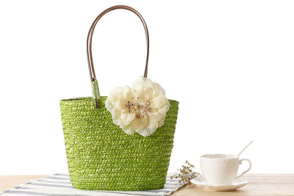 Superbia - Small Flower Bright Colors  Straw Basket Bag-Cl-27: Beige