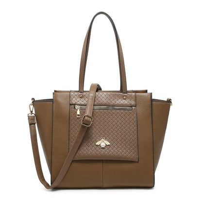Bee Badge Zipped Pockets Top Zipped Tote Handbag: Brown