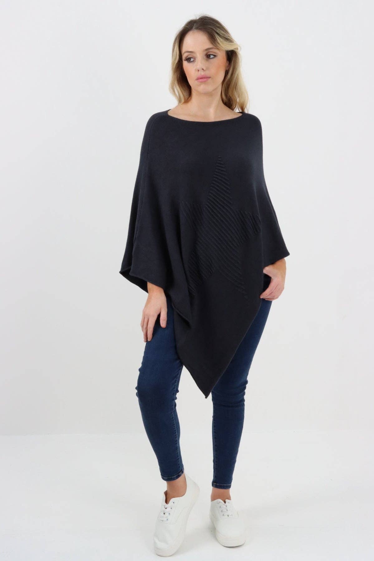 Italian Knitted Lagenlook Star Poncho: Camel / One Size To Fit UK 8-18