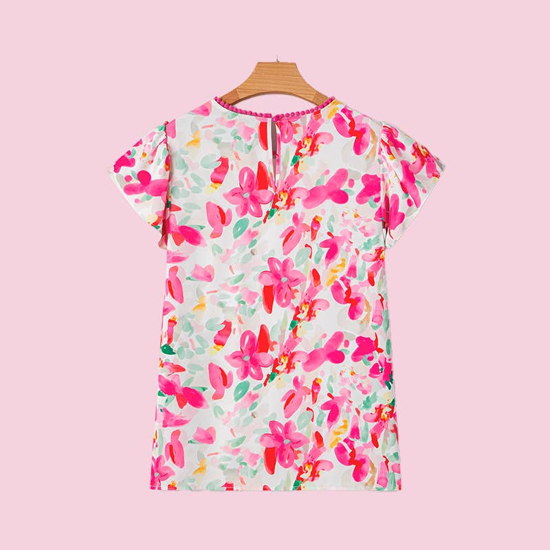 MUWATI - Floral Print Flutter Sleeve Round Neck Casual Blouse: Rose / S