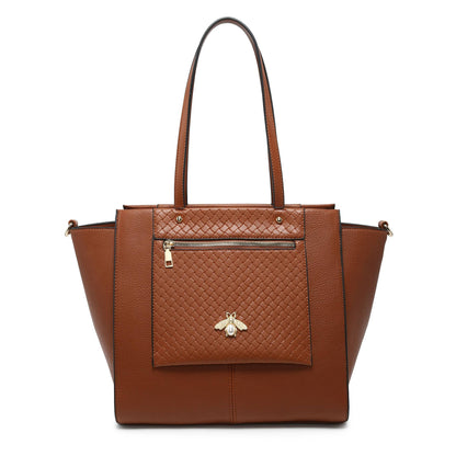 Bee Badge Zipped Pockets Top Zipped Tote Handbag: Brown