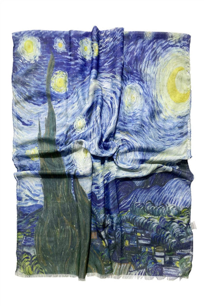 Van Gogh Starry Night Print Frayed Scarf: Blue