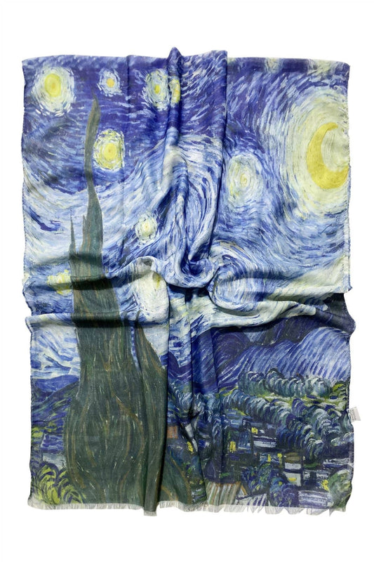 Van Gogh Starry Night Print Frayed Scarf: Blue