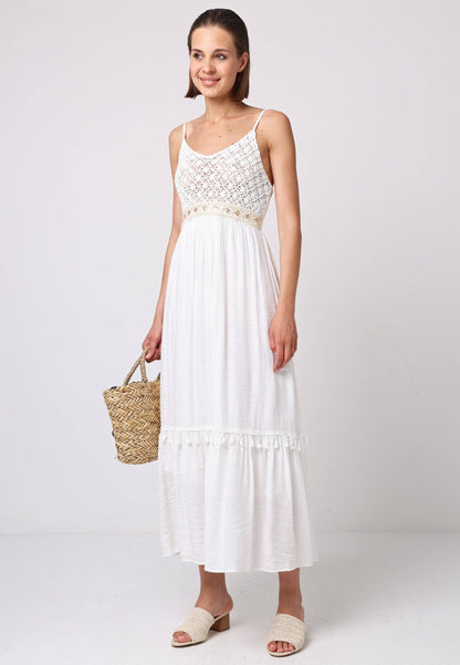 ANGELEYE - Crochet Top Cami Dress with Gold Waist Detail in White: M