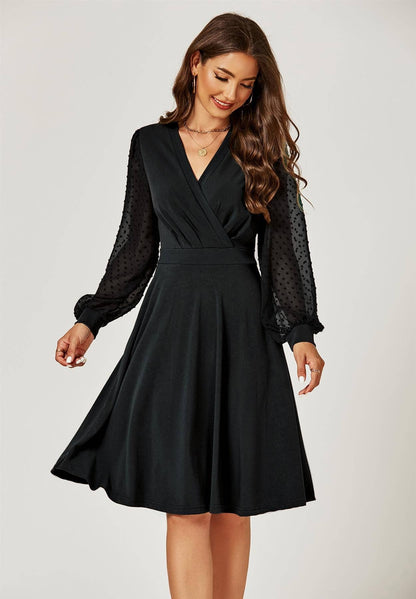 FS Collection - Long Chiffon Sleeve Pleated Midi Dress In Black: L