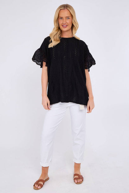 Crochet Embroidered Frill Sleeve Stretchable Top: Beige / One Size To Fit UK 12 to 18