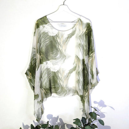 Tempest Designs - Sweeping lines digital print free size silk mix top (M): BLK