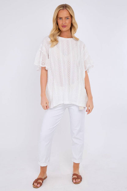 Crochet Embroidered Frill Sleeve Stretchable Top: Beige / One Size To Fit UK 12 to 18