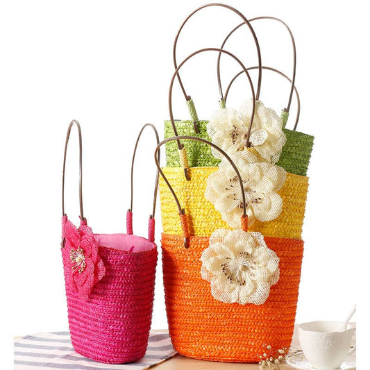 Superbia - Small Flower Bright Colors  Straw Basket Bag-Cl-27: Beige