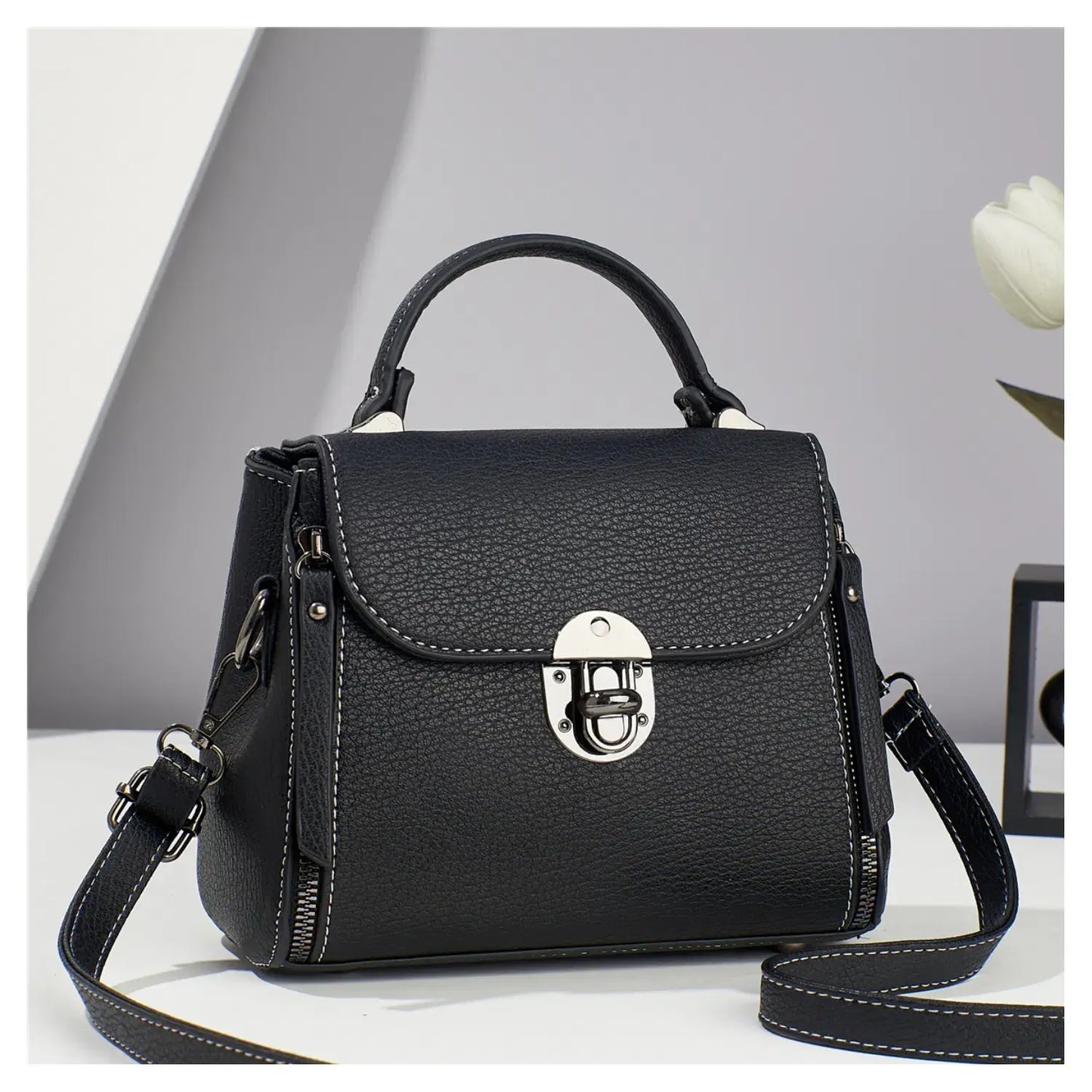 Small Front Clasp Open Top Handle Bag Shoulder Bag -MX47: White