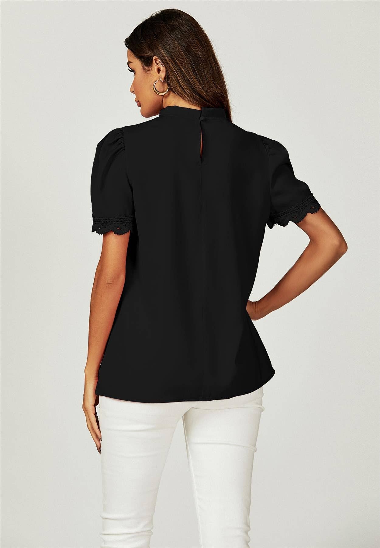 FS Collection - Lace Trim Detail Short Sleeve High Neck Blouse Top In Black: Black / S