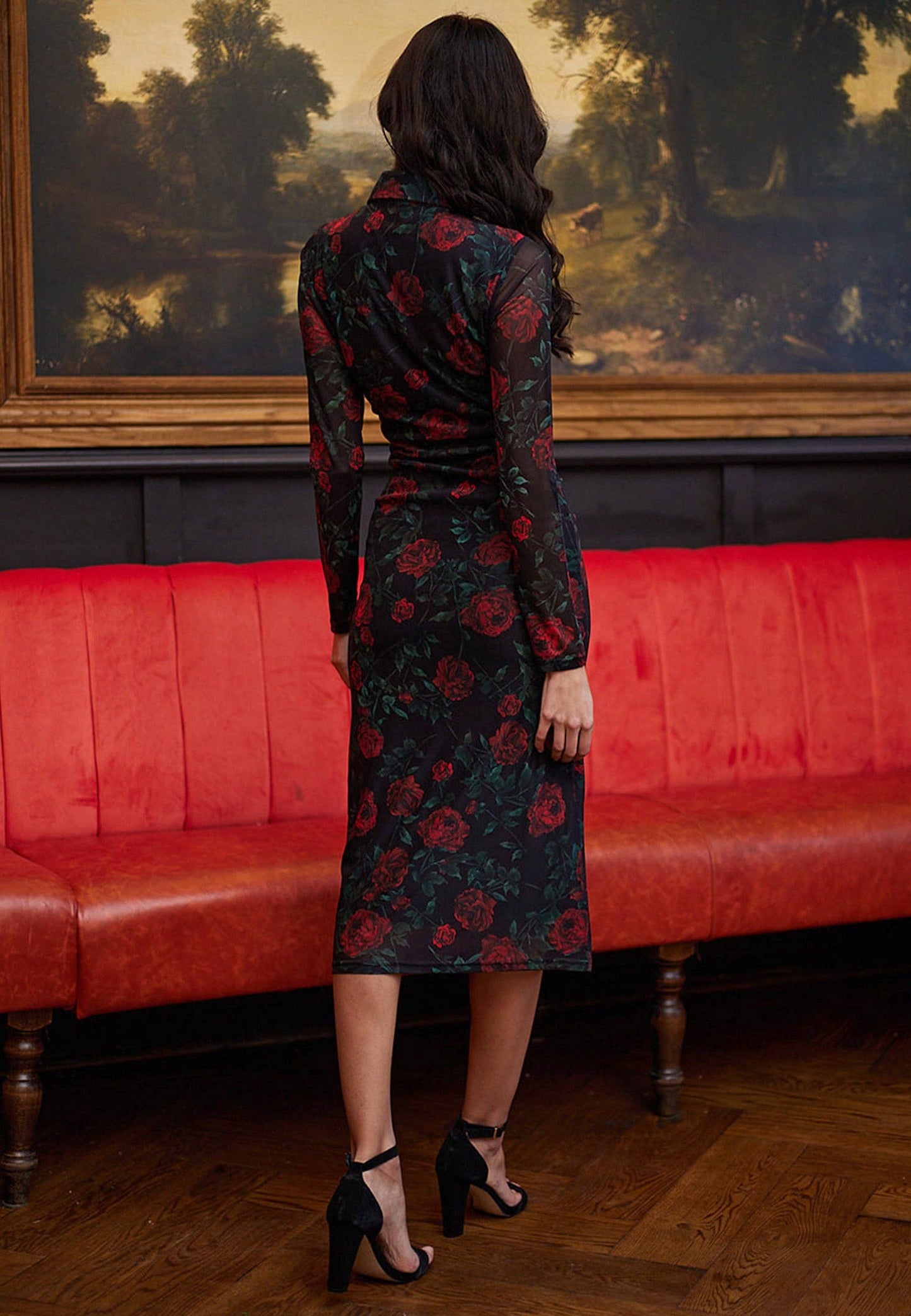 ANGELEYE - Black Bodycon Shirt Dress with Mesh Sleeves in Rose Print: M