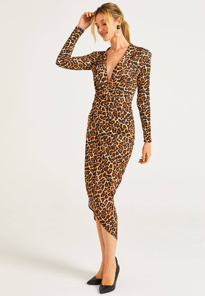 ANGELEYE - Plunge Neck Faux Wrap Print Midi Dress in Leopard: S