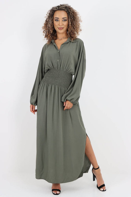 Italian Elasticated Waist Double Slit Maxi Dress: Khaki / One Size To Fit UK 8-18