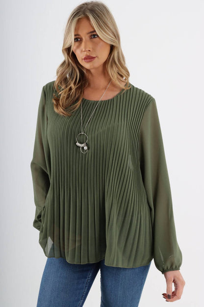 Plain Pleated Necklace Chiffon Top: Dark Grey / One Size To Fit UK 8-16