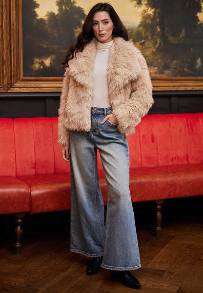 ANGELEYE - Faux Fur Glittery Short Coat In Beige: M