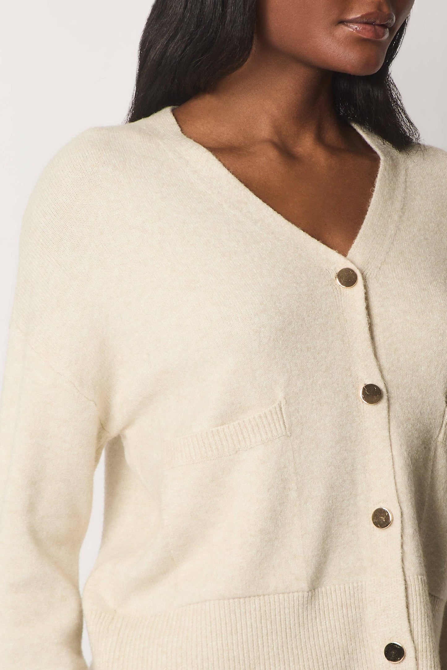 SOLO - V-Neck Buttoned Cardigan with Pockets - Stone: 16