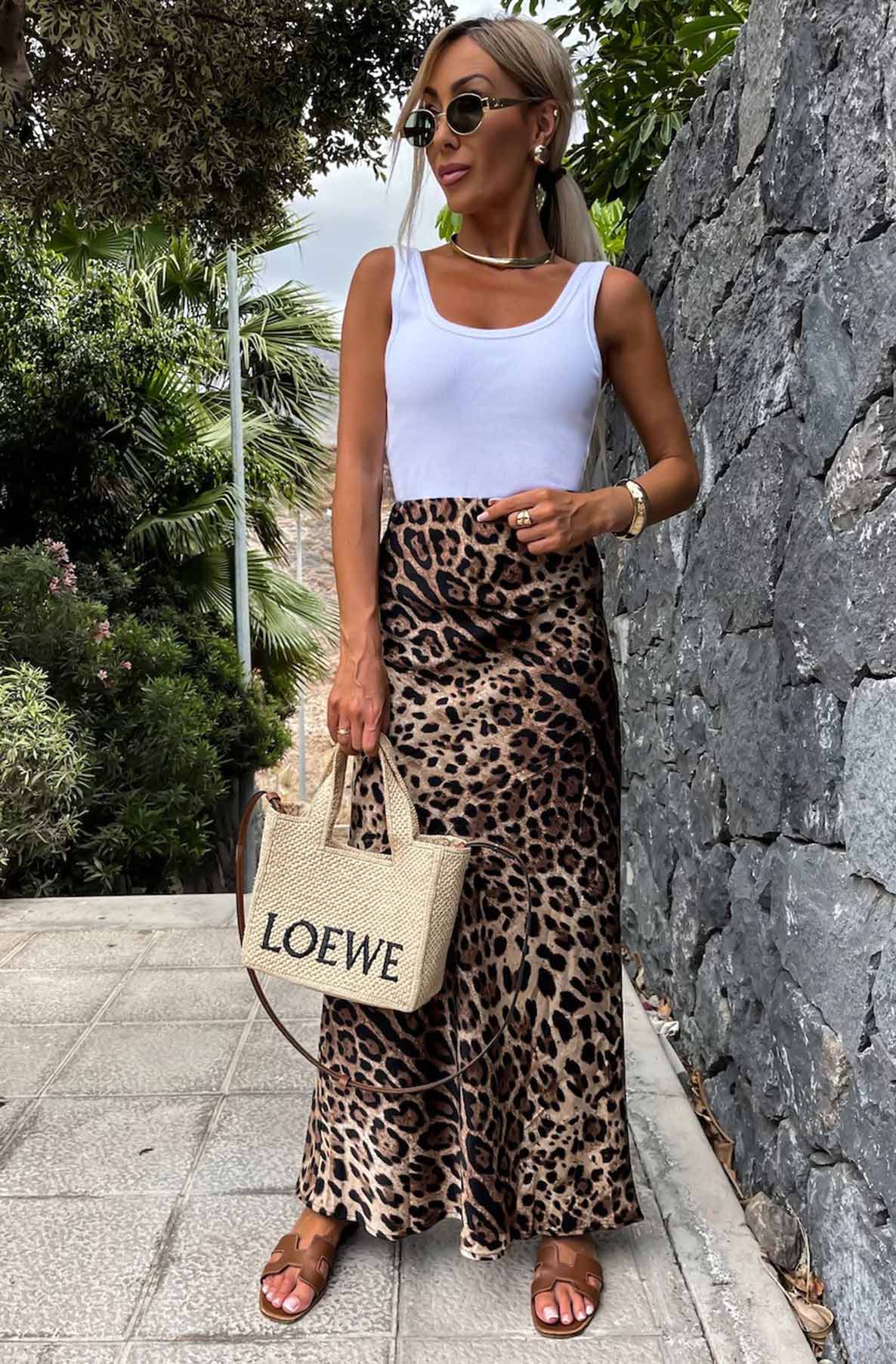 Riva Satin Animal Print Maxi Skirt-Brown: Brown L