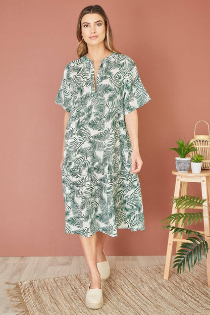 Yumi - Yumi Green Organic Cotton Palm Print Tiered Tunic Dress: Green / 12 UK