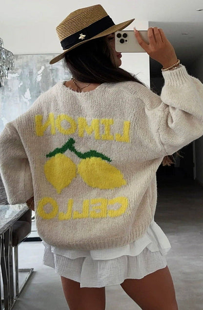 'Lemon Cello' Graphic Oversized Knitted Cardigan-Stone: Stone / (ONE SIZE UK 8/14)