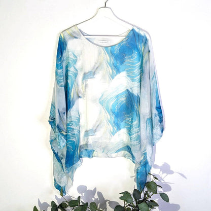 Tempest Designs - Sweeping lines digital print free size silk mix top (M): BLK