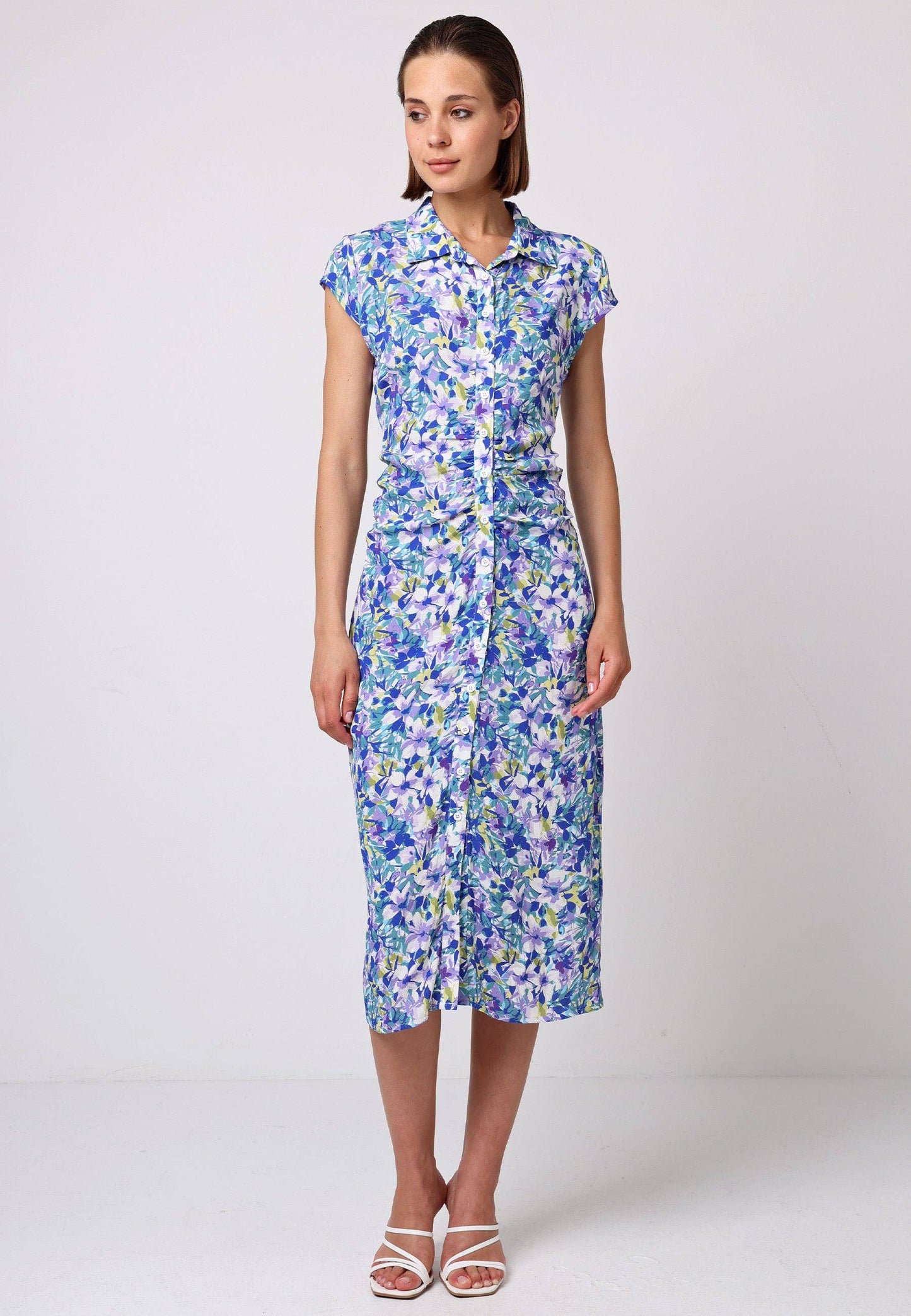 ANGELEYE - Front Ruched Midi Shirt Dress In Floral Print: M