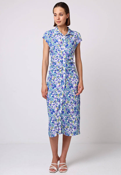 ANGELEYE - Front Ruched Midi Shirt Dress In Floral Print: M