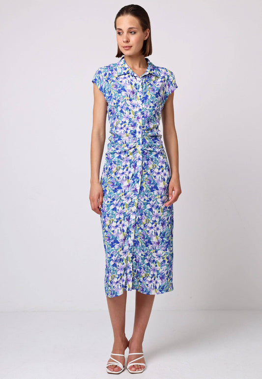 ANGELEYE - Front Ruched Midi Shirt Dress In Floral Print: M