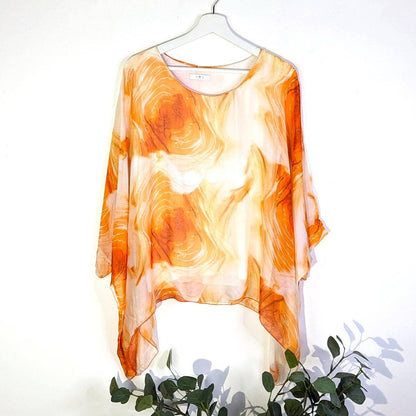 Tempest Designs - Sweeping lines digital print free size silk mix top (M): BLK