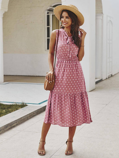 FS Collection - Tiered Midi Dress In Pink Polka Dot: 14