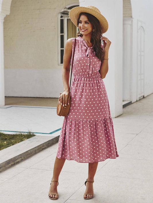 FS Collection - Tiered Midi Dress In Pink Polka Dot: 14